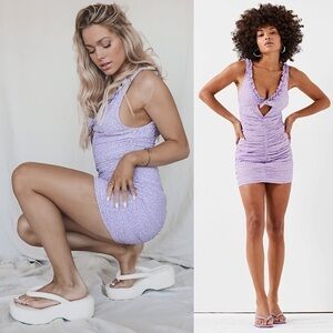 NWT FOR LOVE LEMONS Y2K Ruched
Ruffle Neck Bow Trim Sleeveless Cutout
Bodycon S‎